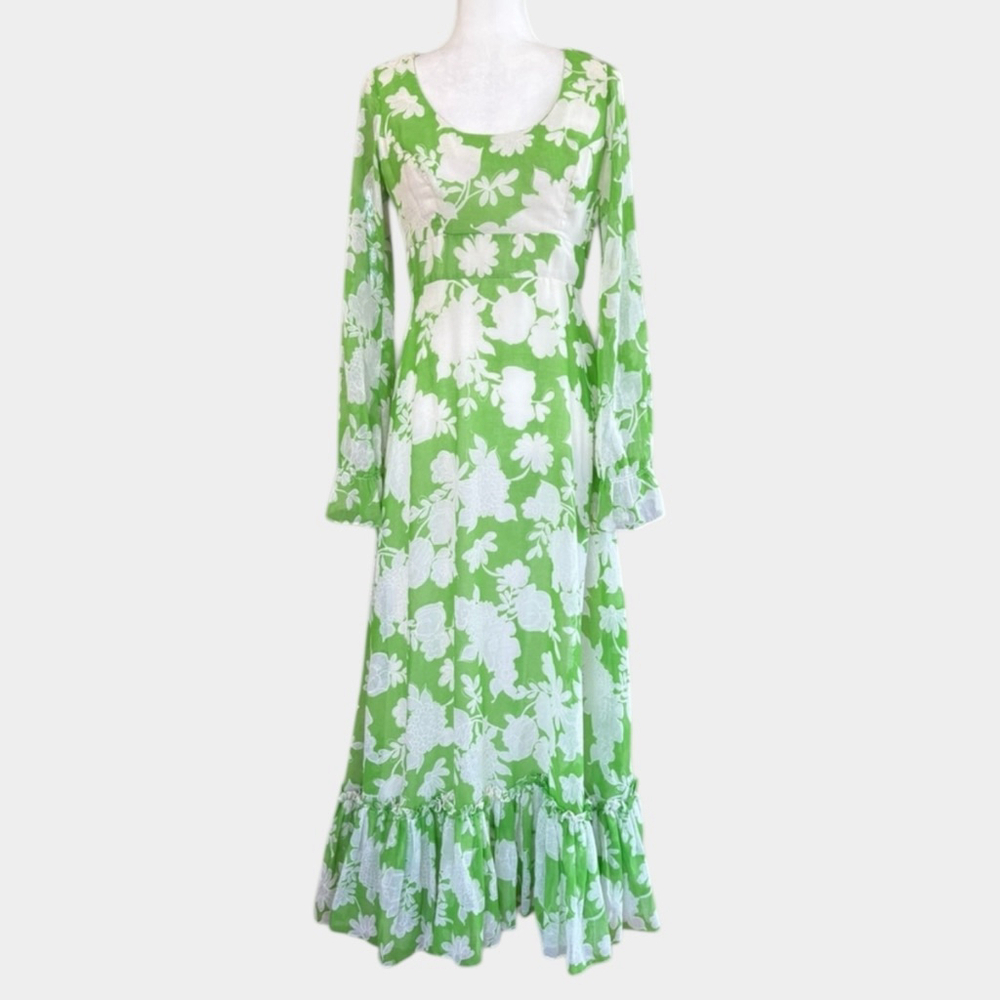 Jack Bryan Green White Floral Maxi Dress Vintage 60s